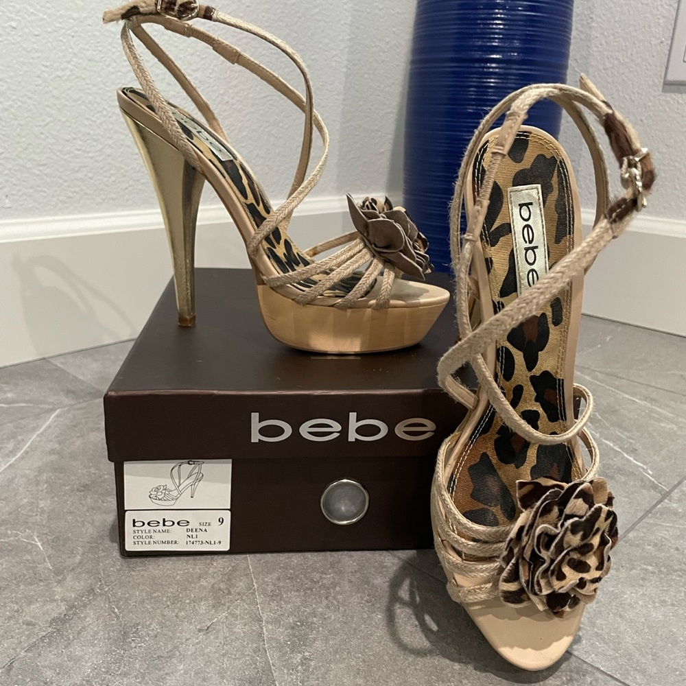 Bebe Deena Beige w/ Leopard Print Accents High Heel Sandals - Size 9W